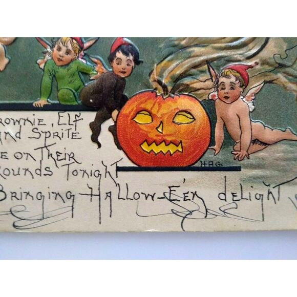Halloween Postcard HBG HB Griggs Pixies Elves Brownies Fantasy Ann Arbor Germany - Picture 3 of 6
